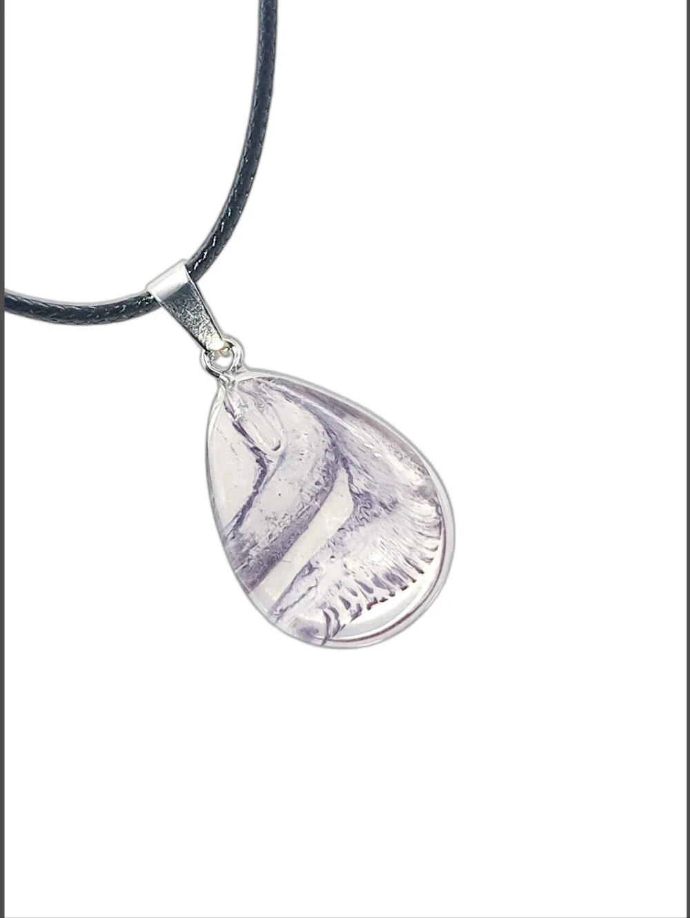 Clear Glass Pendant w/ Wavy Lines Design & Black Cord Necklace | NWOT